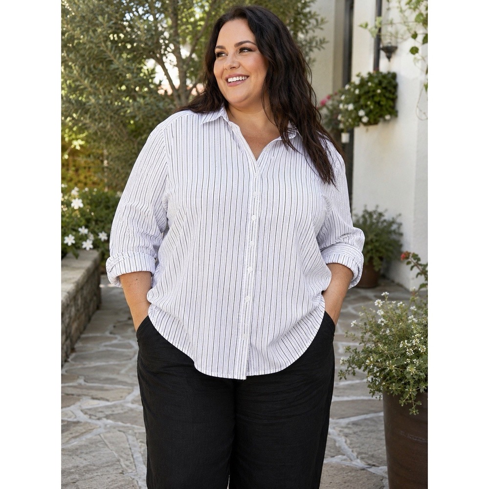 Roaman's 24W Plus White Striped Button Front Shirt Long Sleeve Cotton Blend NIP